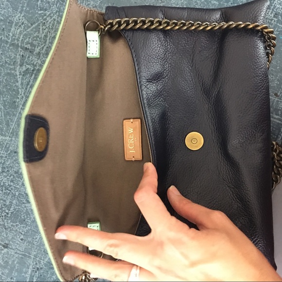 J Crew Green Blue Leather Envelope Chain Purse - Picture 6 of 8